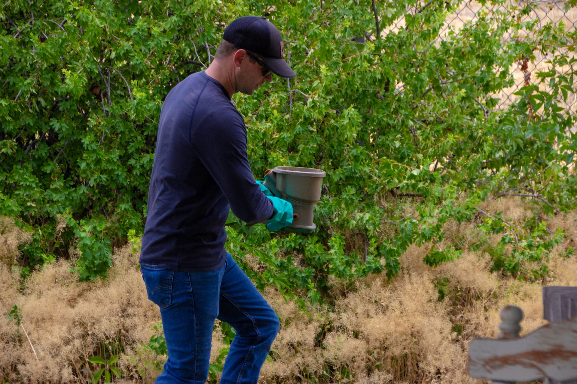 Service technician performing a perimeter pest treatment at a residential property in Hyrum, UT, with a view toward Hyrum State Park and the Cache County landscape